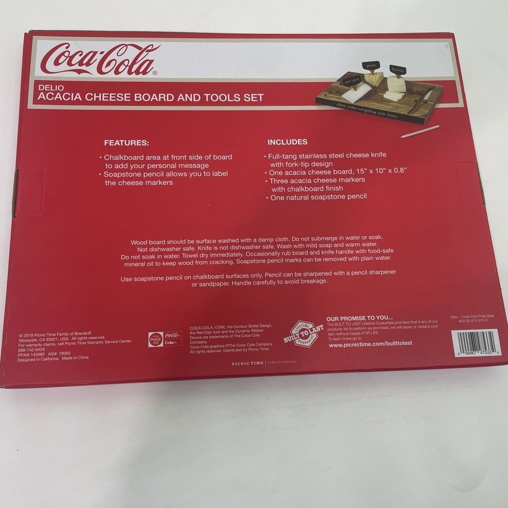 Coca-Cola Delio Acacia Cheese Board and Tools Set Unisex OS Brown NEW Polar Bear - Picture 3 of 3
